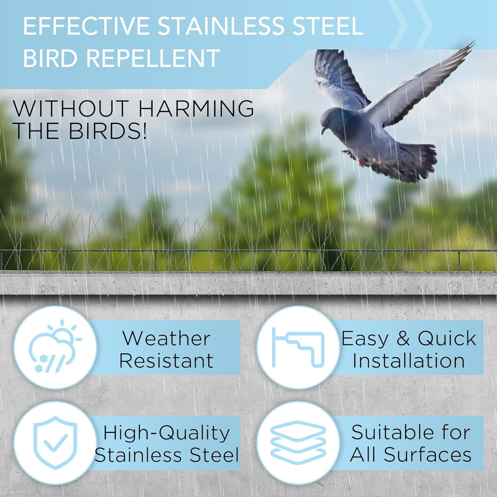 AOKKR Bird Spikes, Stainless Steel Pigeon Spikes, Humane Spring/Summer Bird Deterrent for Pigeons, Seagulls, Weather-Resistant Anti-Bird Spikes for Roofs, Gutters, Fences, Window Sills