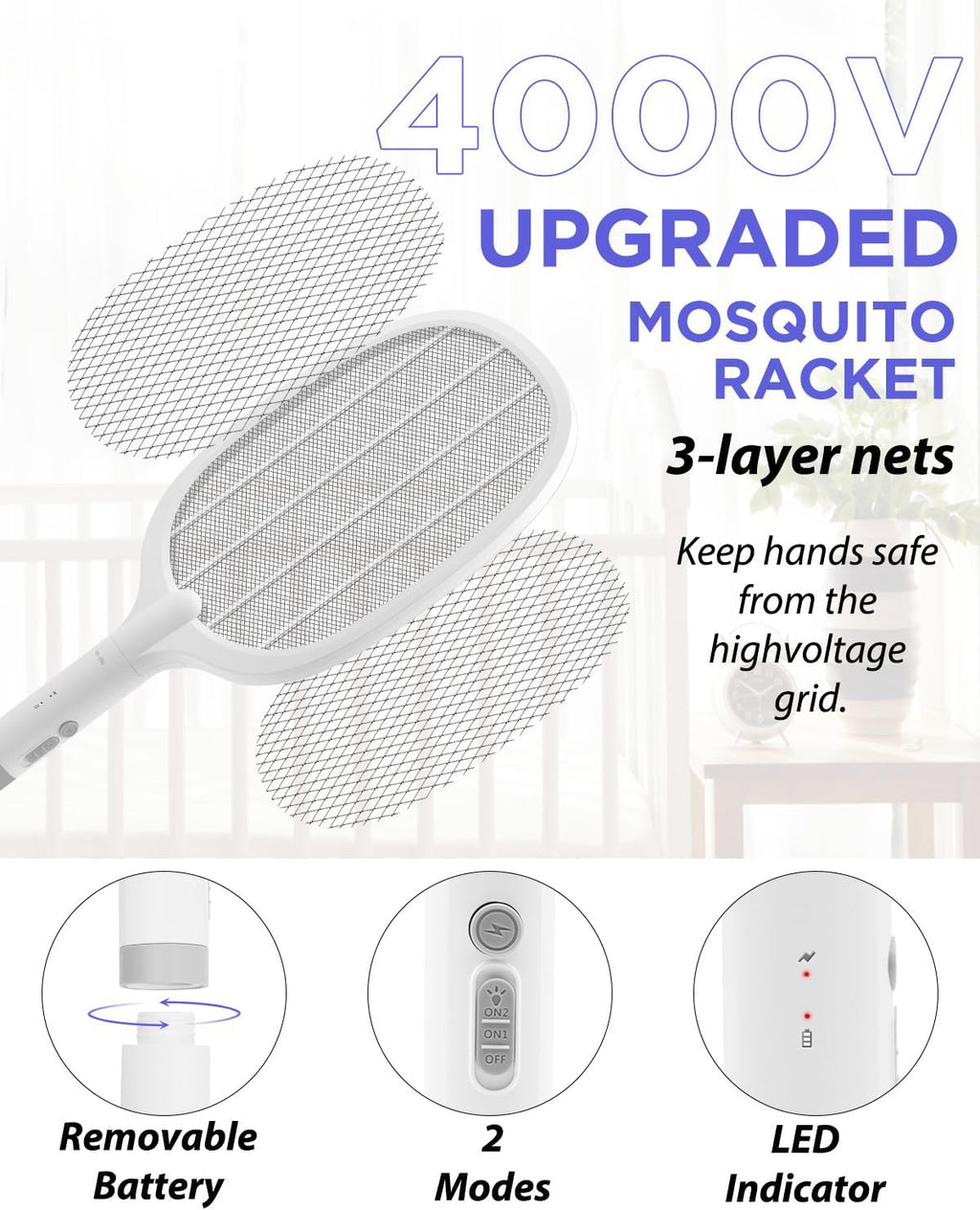 AOKKR Fly Zapper, Electric Insect Killer 1800mAh Rechargeable Bug Zapper Racket 4000V with LED Attractant Light