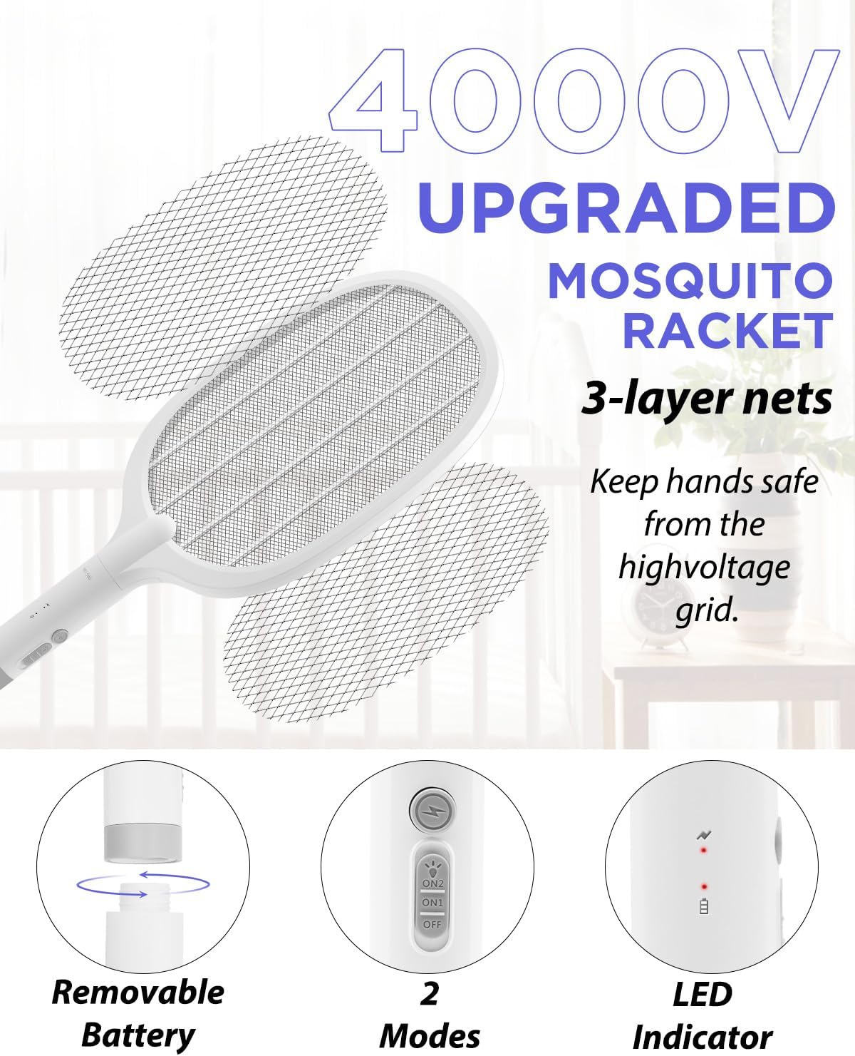 AOKKR Fly Zapper, Electric Insect Killer 1800mAh Rechargeable Bug Zapper Racket 4000V with LED Attractant Light